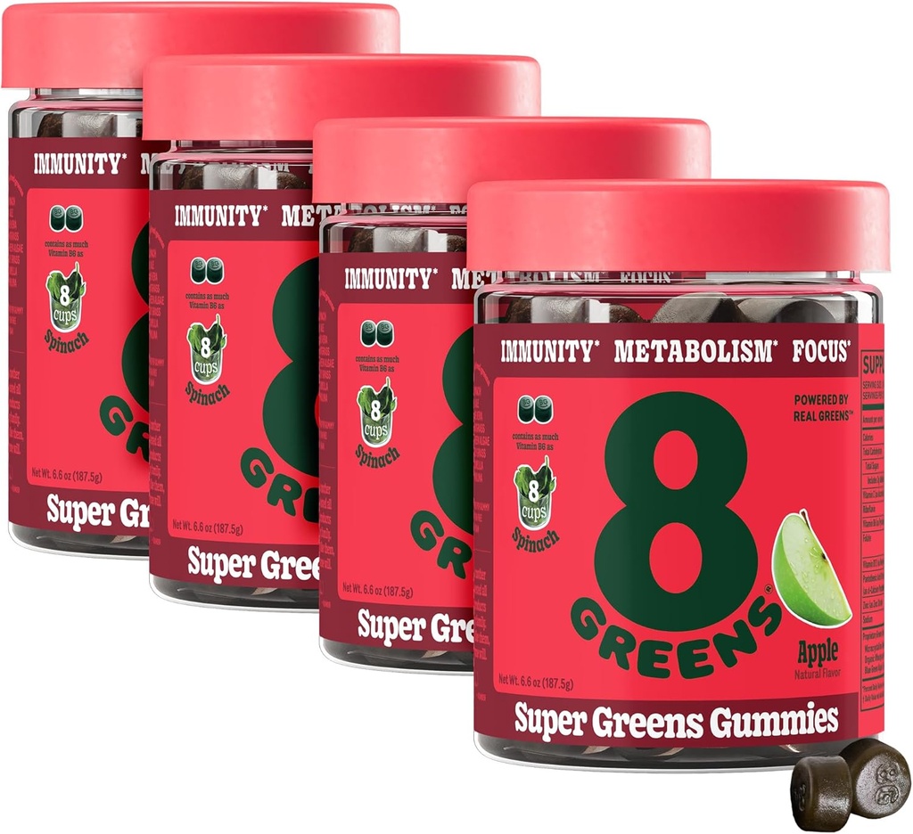 8Greens Supergreens Gummies | Super Greens Powder Superfood Gummy for Metabolism, Immunity & Focus, Digestive Health Enzymes, Organic: Chlorella, Spirulina, Aloe Vera, Apple Flavor, 200 Count