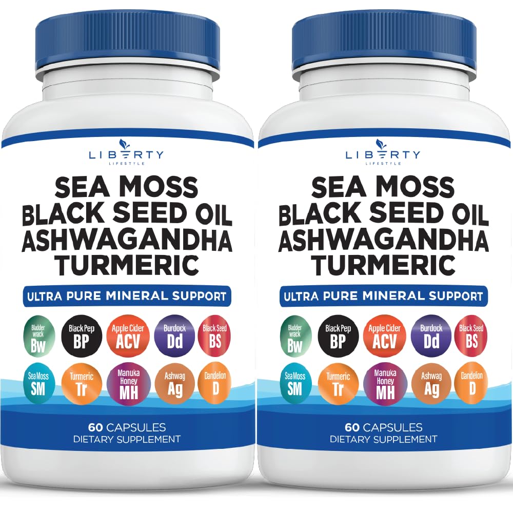 Liberty Lifestyle Sea Moss Black Seed Oil Ashwagandha Turmeric Bladderwrack Burdock - with Manuka, Honey Dandelion, ACV Black Pepper Gluten Free - 2-Pack