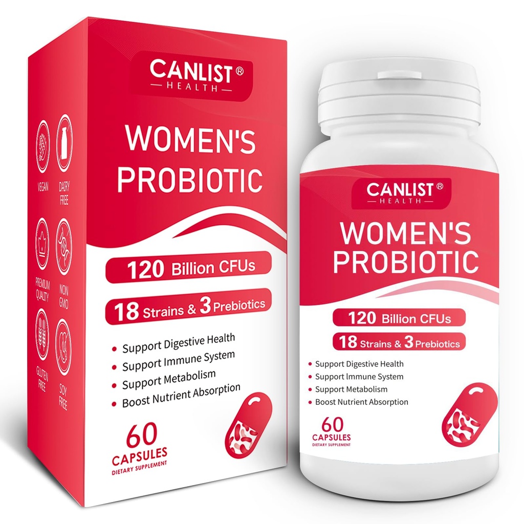CANLIST Women's Probiotics 120 Billion CFUs 18 Strains 3 Prebiotics & Digestive Enzymes Contains Organic Prebiotic Cranberry Women's Health Digestive & Immune Support Non-GMO, 60 Capsules