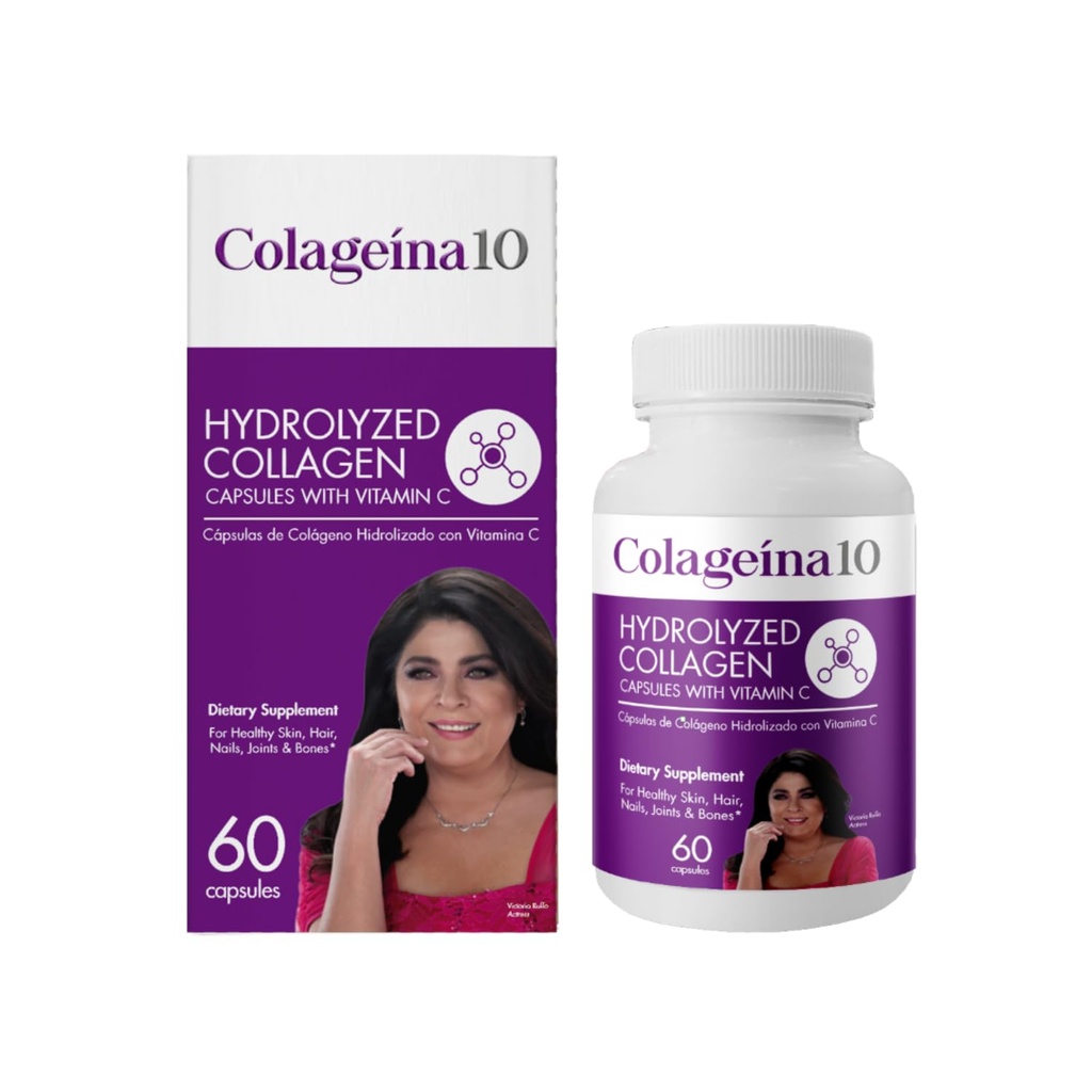 Colageina 10 Hydrolyzed Collagen Capsules with Vitamin C - Anti-Aging Dietary Supplement for Healthy Skin, Hair, Nails, Joints, and Bones - 60 Count