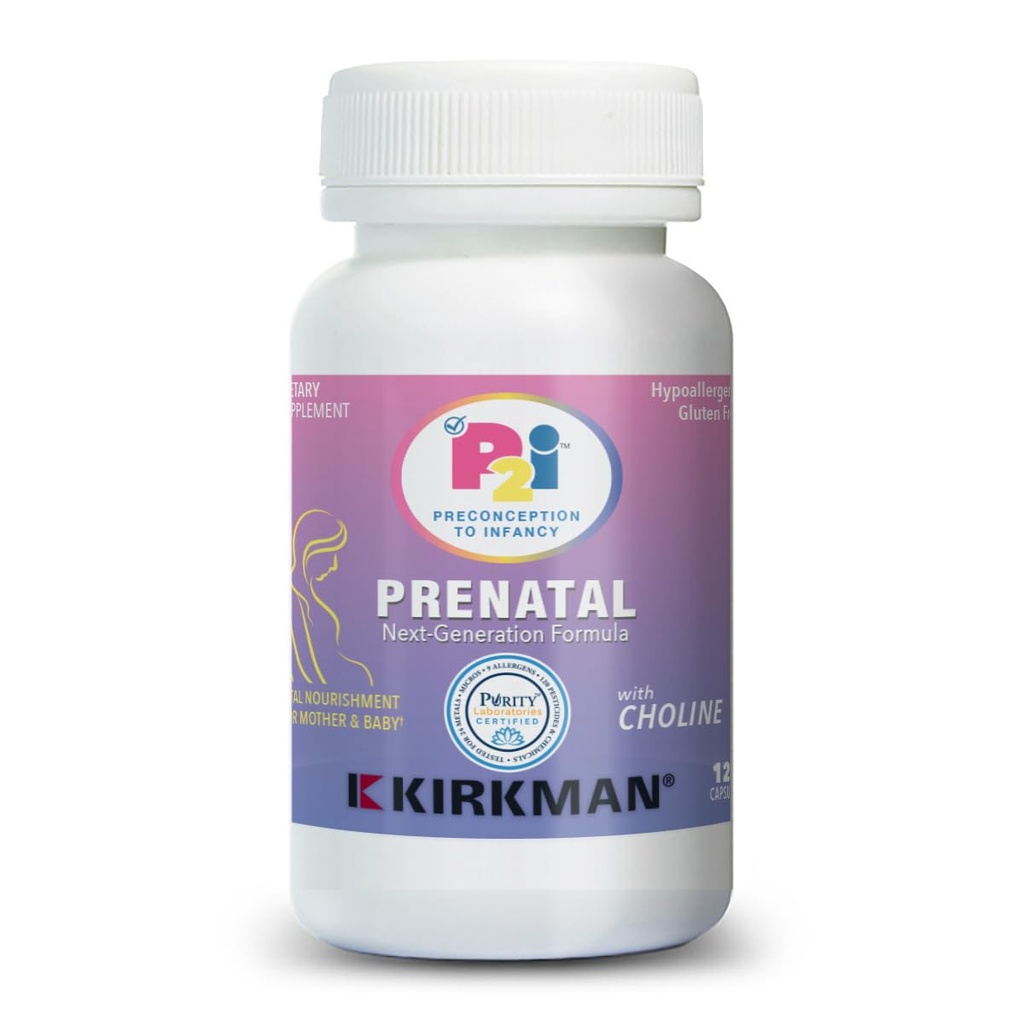 Kirkman P2i Prenatal Vitamins for Women, Multivitamin with Choline, 120 Capsules, Vital Daily Nutritional Support for Healthy Mother & Baby, OBGYN Formulated & Endorsed, Hypoallergenic & Gluten-Free
