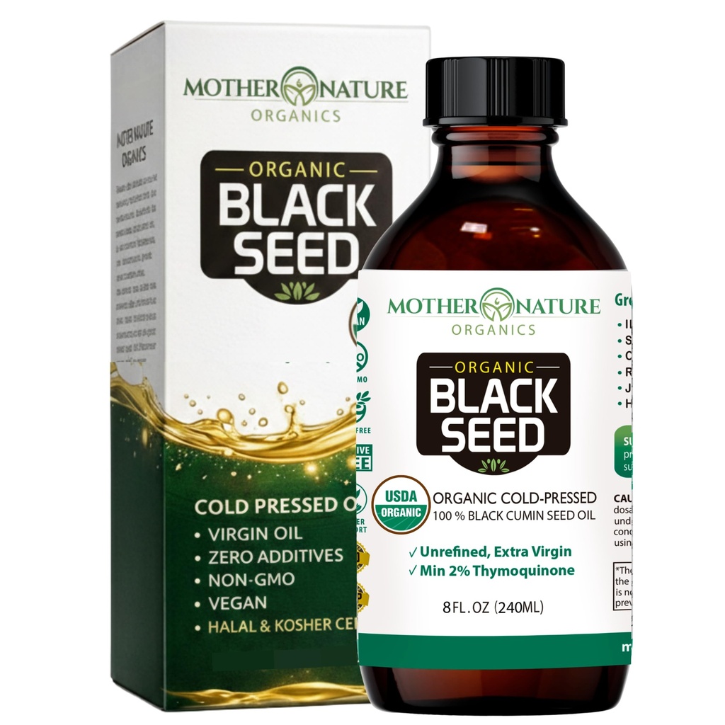 Mother Nature USDA Organic Black Seed Oil, High TQ 2%, Cold Pressed, Unrefined Nigella Sativa, Omega 3 6 9 for Immune, Joint & Heart Support, Hair & Skin, Non-GMO, Glass Bottle (8oz)