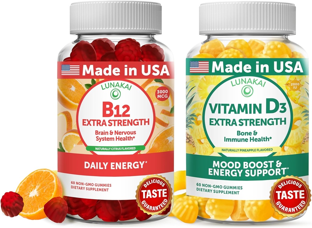 Lunakai Vitamin B12 and Vitamin D3 Gummies Bundle - 3000 mcg B12 and 25 mcg 1000 UI VIT D3 - Gluten Free, No Corn Syrup, Organic, Non-GMO, Plant Based Gelatin Free