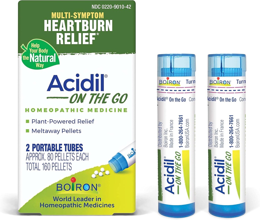Boiron Acidil On The Go Travel Essential for Relief of Acid Reflux, Heartburn, Indigestion, Bloating, and Upset Stomach - 2 Count (160 Pellets)
