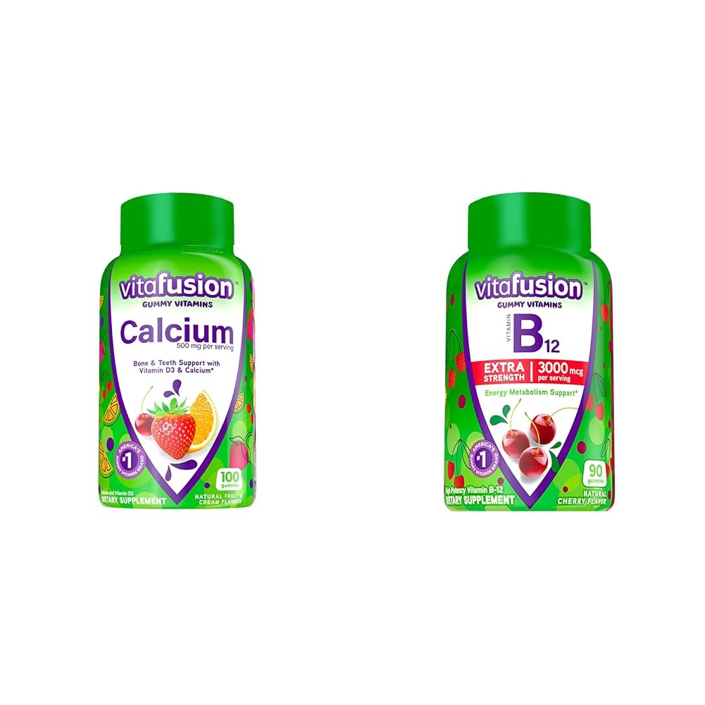 Vitafusion Chewable Calcium Gummy Vitamins for Bone and Teeth Support & Extra Strength Vitamin B12 Gummy Vitamins for Energy Metabolism Support and Nervous System Health Support