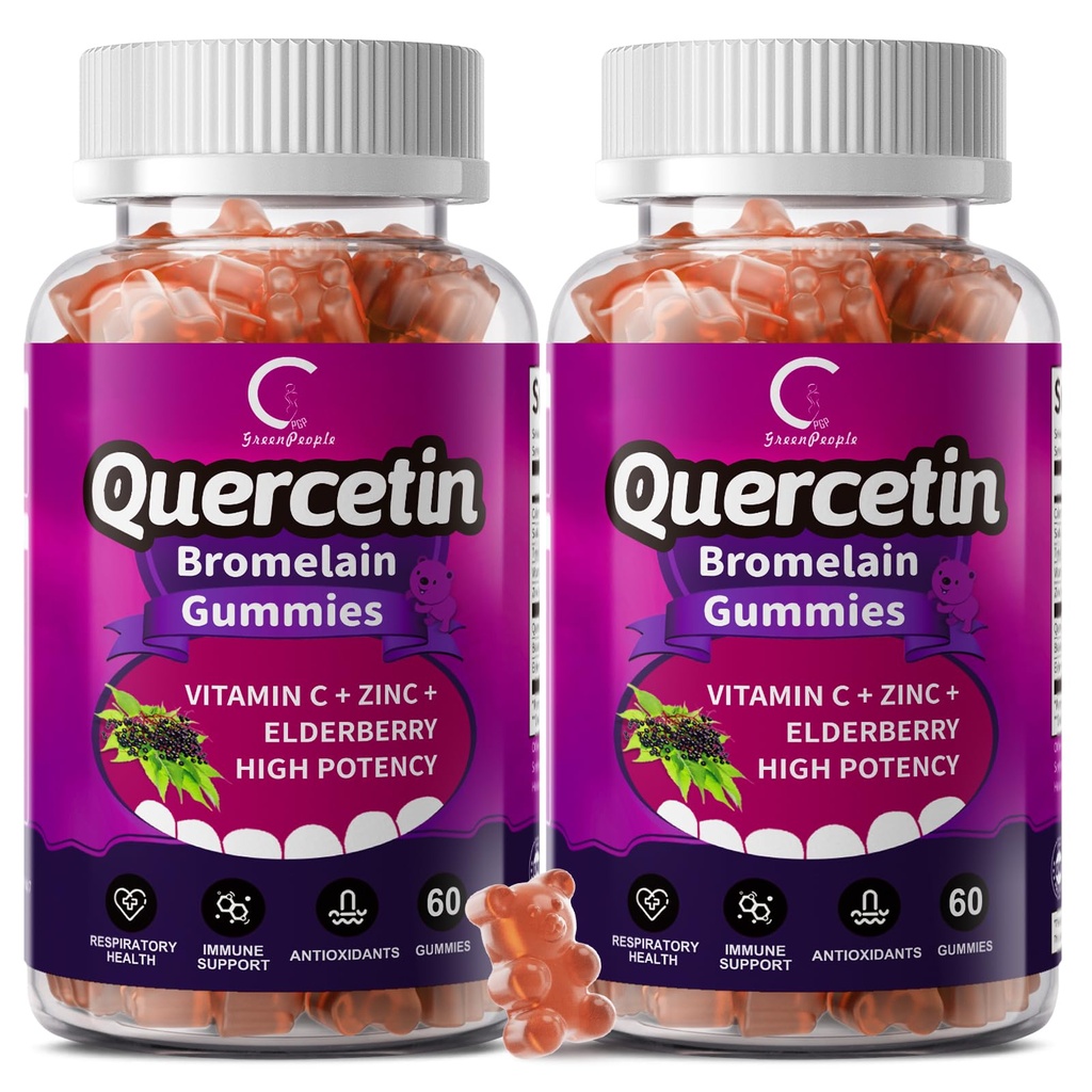 Quercetin Gummies, Quercetin with Bromelain, Vitamin C, Zinc & Elderberry, High Potency Immune Support, Respiratory Health & Antioxidant Supplement for Adult & Kid, Vegan, 60 Gummies (2 Pack)