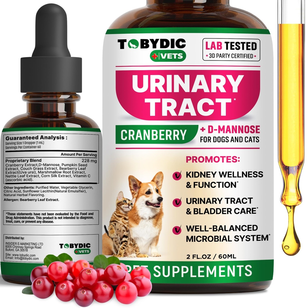 Cat & Dog UTI Treatment & Urinary Tract Infection Remedy with Cranberry & D-Mannose - Feline Natural Medicine for UTI Relief - Kidney + Bladder Support Supplement - Pet Renal Health
