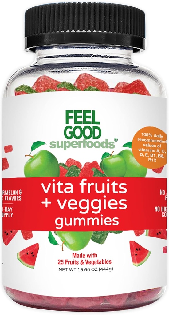 FeelGood Superfoods Vita Fruits and Veggies Supplements, Multivitamin Fruit and Vegetable Gummies, 25 Fruits and Vegetables, Watermelon and Apple Flavors, Vegan, Non-GMO, 60 Count