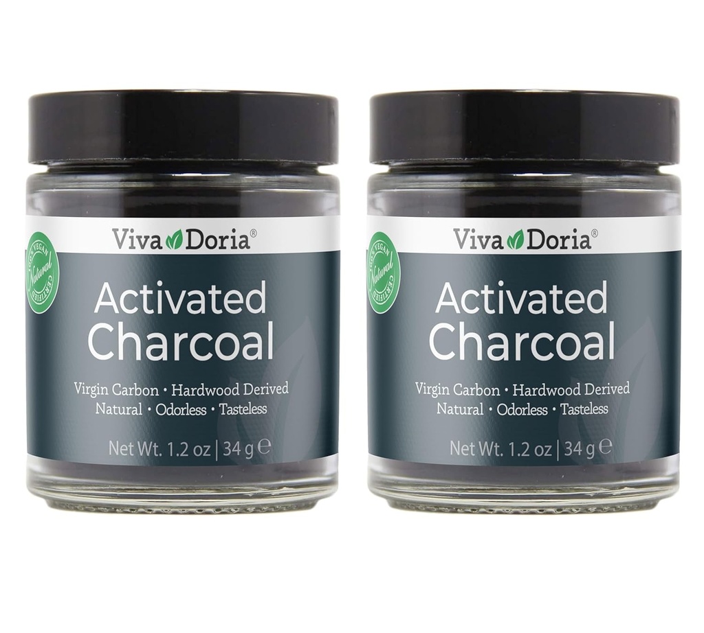 Viva Doria Activated Charcoal Powder, Hardwood Derived, Food Grade, 1.2 Oz Glass Jar (2 Pack)