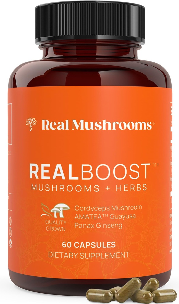 Real Mushrooms RealBoost Capsules – Cordyceps Mushroom, Panax Ginseng & Guayusa Extract – for Overall Wellness & Energy Support – Vegan, Non-GMO, No Fillers – 60 Count Mushroom Supplement Blend