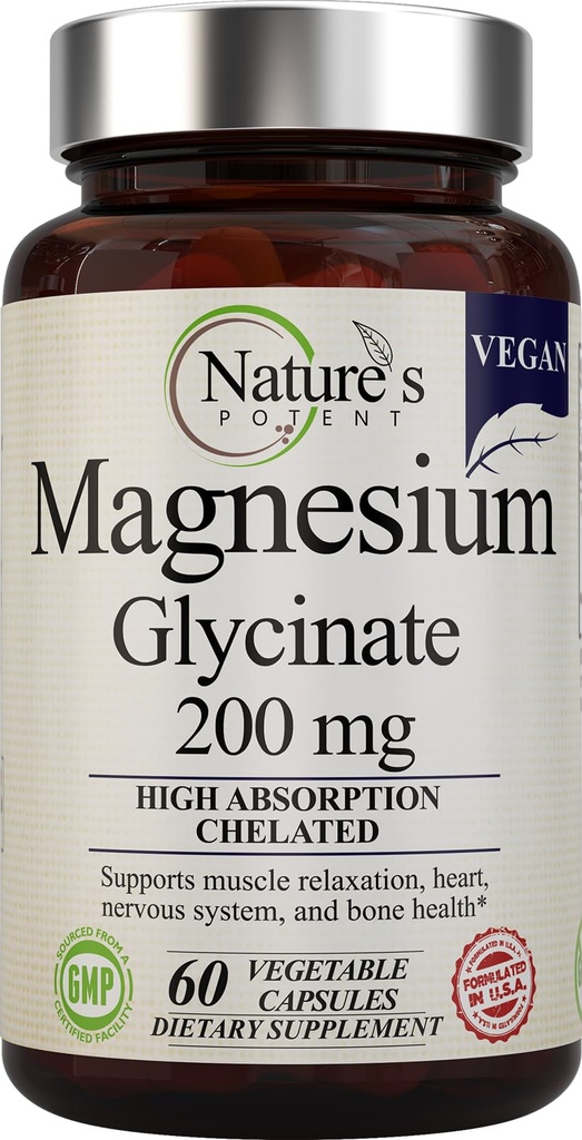 Nature’s Potent Magnesium Glycinate 200mg | High Absorption Chelated Magnesium | Sleep, Calm & Muscle Cramp Support | Vegan Supplement | 60 Capsules