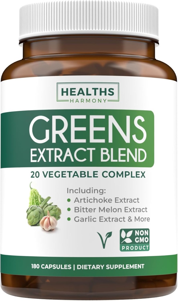 Super Greens Antioxidants Superfoods 2250mg Supplement - 20 Ingredients with Sprouts, Mushrooms, Roots, Garlic, Bitter Melon, Artichoke, Celery Seed, Cayenne pepper, Alfalfa NON GMO - 180 Capsules