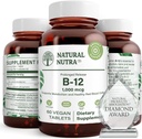 Natural Nutra Vitamin B12 1000 mcg, Cobalamin B 12 Supplement, Calcium Phosphate, Help in Metabolism Health, Supports Nervous System, Optimal Absorption, Gluten Free, Sugar Free, 60 Vegan Tablets