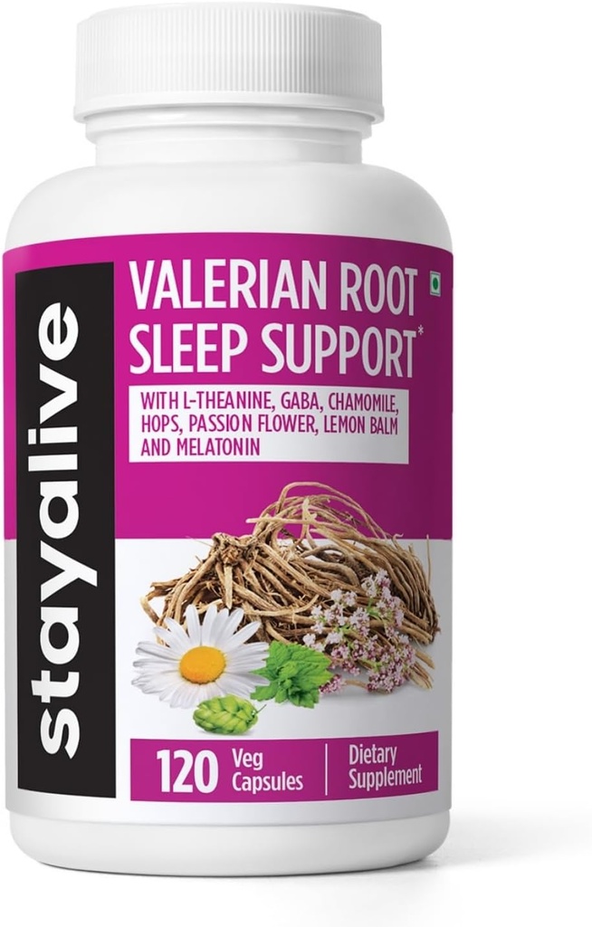 STAY ALIVE Valerian Root Capsules, 8-in-1 Extract w/Melatonin, Passion Flower, L-Theanine, Lemon Balm, Hops Flower, Chamomile & GABA, 120 Valerian Pills, Non-GMO & Gluten-Free Natural Sleep Supplement