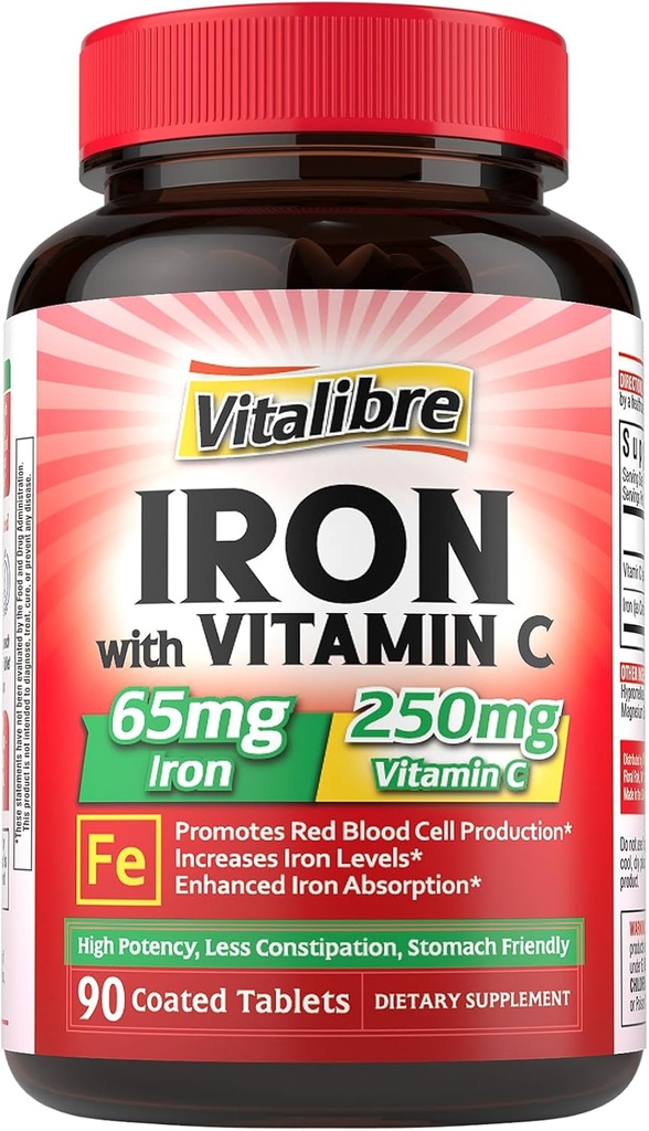 Iron Supplement 65mg with Vitamin C, Stomach Friendly Carbonyl Iron, High Absorption, Once Daily, Supports Red Blood Cell Production, Gluten Free, Non-GMO, 90 Tablets