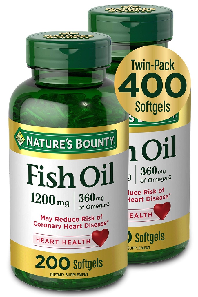 Nature's Bounty Fish Oil, Dietary Supplement with 360mg Omega-3, Supports Heart Health, 1200mg, 200 Softgels (Pack of 2)