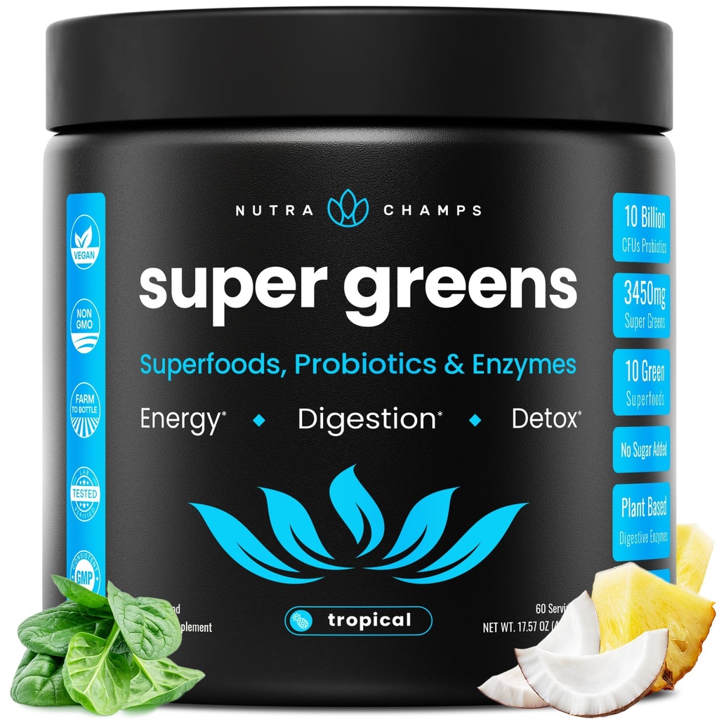 NutraChamps Super Greens Powder Premium Superfood | 20+ Organic Green Veggie Whole Foods | Wheat Grass, Spirulina, Chlorella | Antioxidant, Digestive Enzyme & Probiotic Blends (9.1 OZ, Tropical)