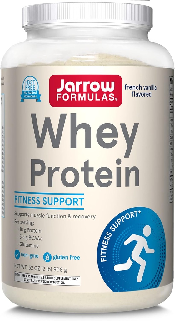 Jarrow Formulas Whey Protein with 18 g of Protein, 3.8 g of BCAAs, & Glutamine, Dietary Supplement for Muscle Function & Recovery Support, 32 oz Vanilla Flavored Powder, Approximately 36 Day Supply