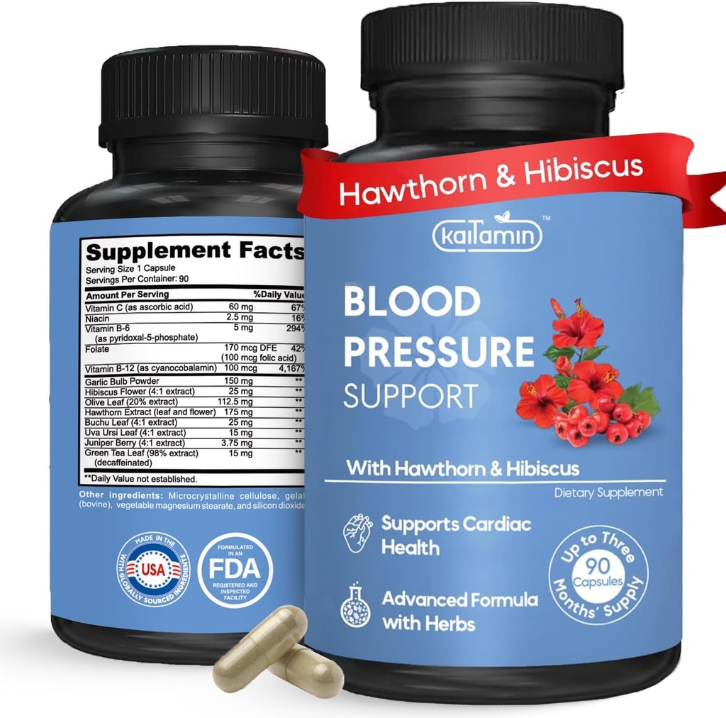 Blood Pressure Support Supplement – Natural Hawthorn, Hibiscus, Garlic & Olive Leaf – Heart Health & Circulation Support – B12, B6 – Vegan, Non-GMO – 90 Caps (3-Month Supply)