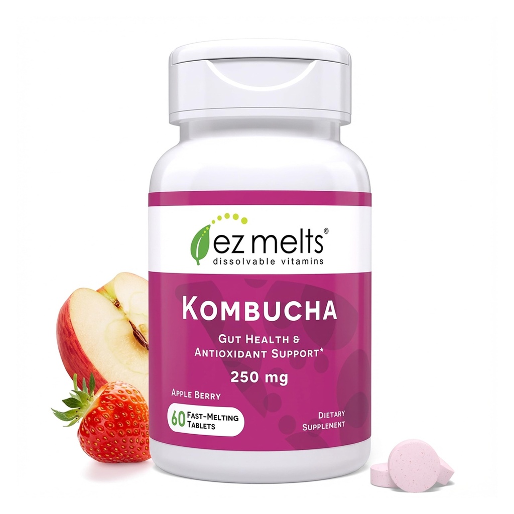 EZ Melts Dissolvable Sugar-Free Kombucha Tablets with SCOBY & Apple Cider Vinegar, Gut Health Supplements for Men & Women, Apple Berry Flavor, 2-Month Supply - 1 Pack
