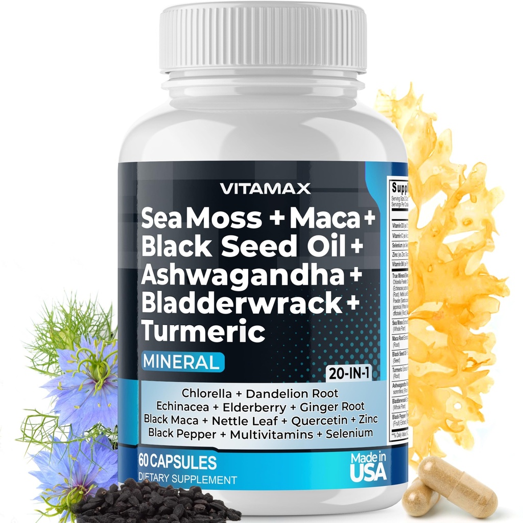 Sea Moss Maca Black Seed Oil Ashwagandha Bladderwrack Turmeric - Manuka Honey, Elderberry, Vitamin C & D3, Dandelion & Black Pepper - Non-GMO - Vegan - Made in USA - 60ct