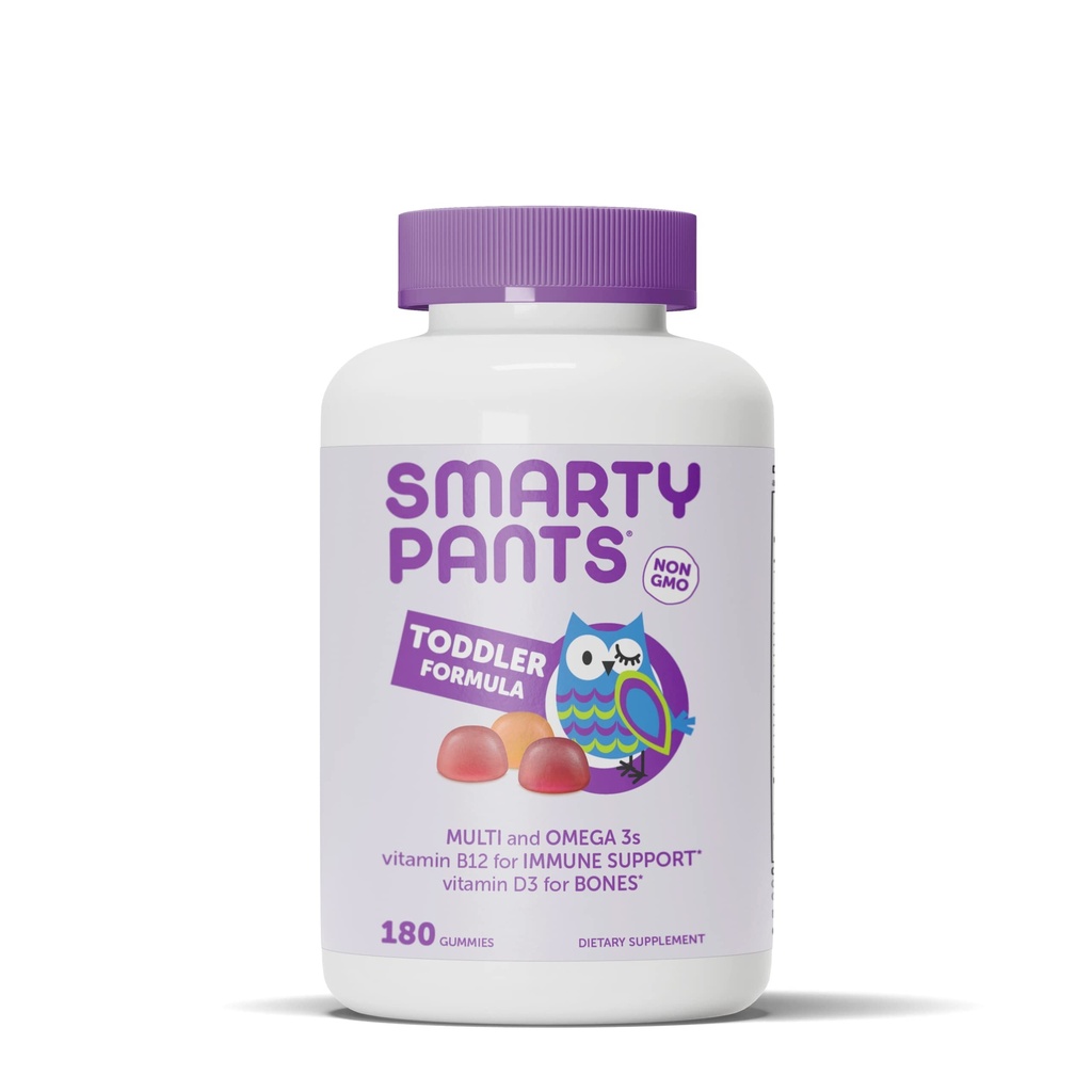 SmartyPants Toddler Multivitamin Gummies: Omega 3 Fish Oil (EPA/DHA), Vitamin D3, C, Vitamin B12, B6, A, K & Zinc, Biotin, Beta Carotene, Gluten Free, Three Fruit Flavors, 180 Count (60 Day Supply)