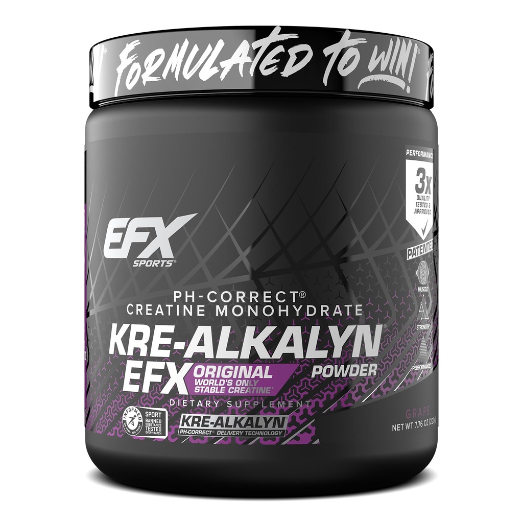 EFX Sports Kre-Alkalyn EFX Powder | pH Correct Creatine Monohydrate Powder Supplement | Strength, Muscle Growth & Performance | 110 Servings (Grape)