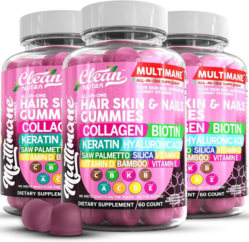 Multimane Collagen Gummies with Biotin Keratin Hyaluronic Acid Bamboo Vitamin A C Vitamin D Vitamin E Folate Saw Palmetto Silica B3 Vitamins Hair Skin and Nails Gummies by Clean Nutra