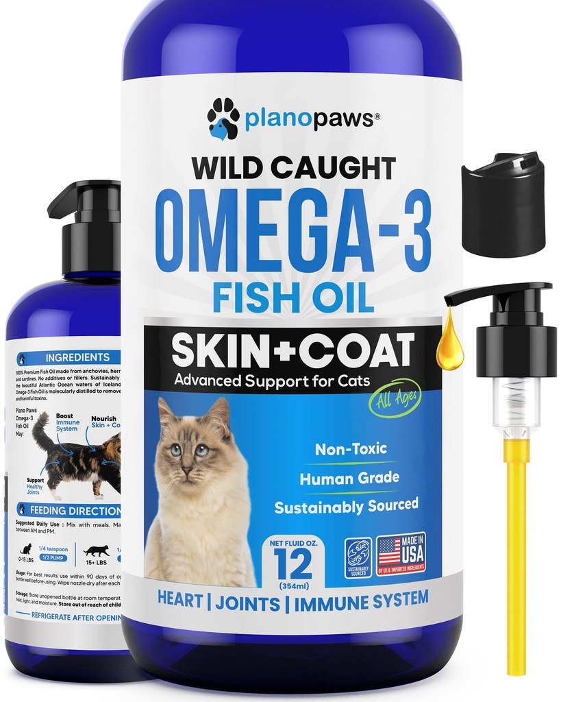 Omega 3 Fish Oil for Cats - Better Than Salmon Oil - Kitten & Cat Vitamins and Supplements - Cat Dandruff Treatment - Liquid Fish Oil for Pets - Shedding Support - Cat Health Supplies for All Ages