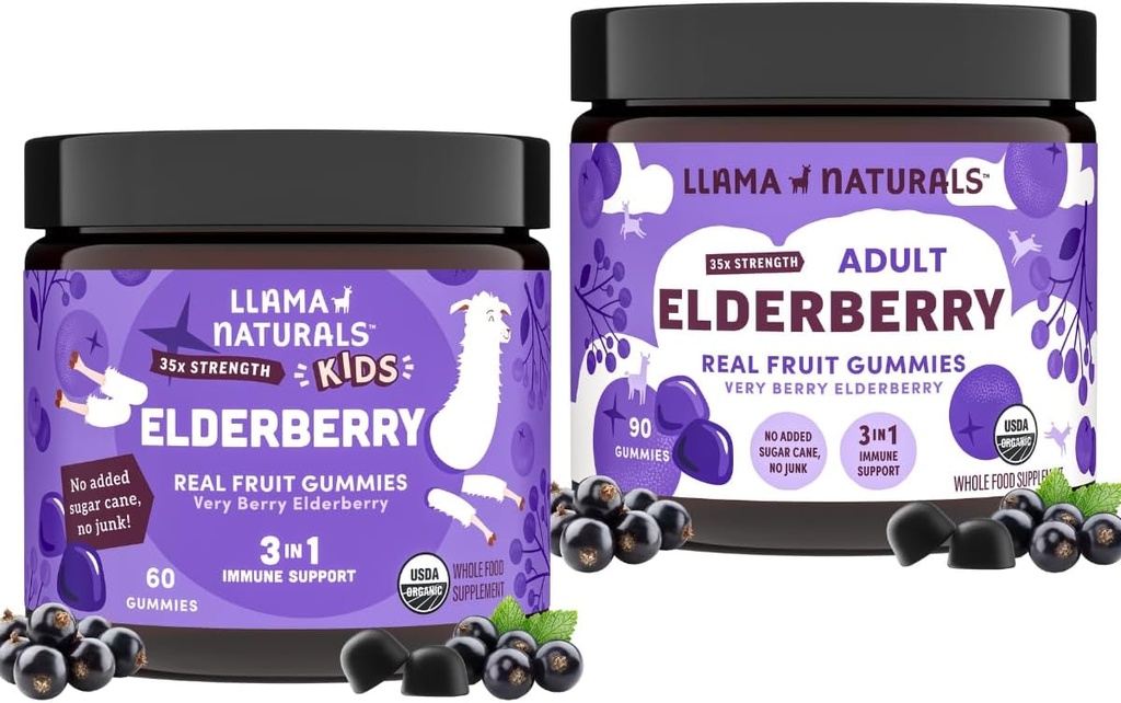 Llama Naturals Real Fruit Sambucus Elderberry Gummies for Kids & Adults | No Added Sugar Cane, Vegan, Organic Immune Support | Zinc & Natural Vitamin C | Plant-Based, Chewable Gummies for the Whole Fa