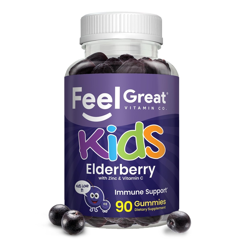 Feel Great Vitamin Co. Elderberry Gummies for Kids | Immune Support | Natural Antioxidant Immune Booster | with Vitamin C and Zinc | Gluten Free & Vegetarian | 90 Gummies