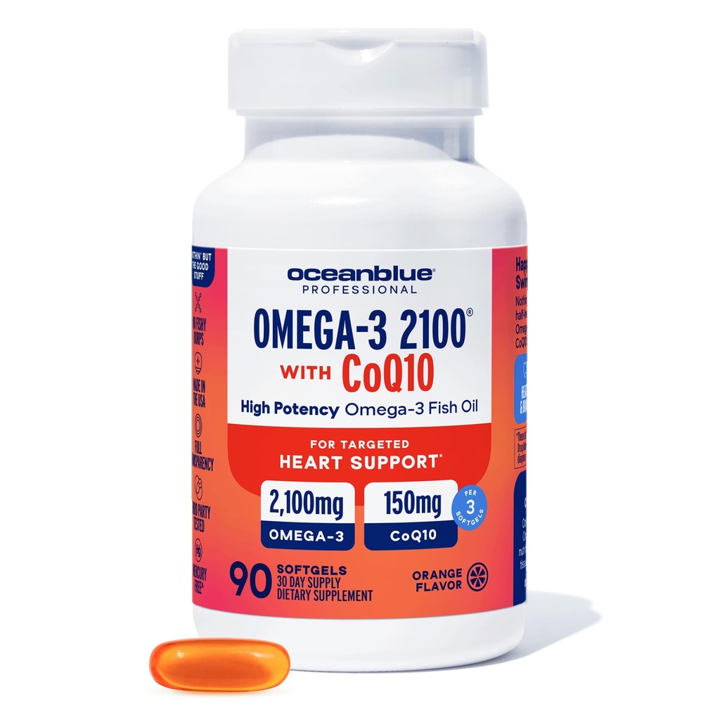 Oceanblue Omega 3 2100 with CoQ10 | Triple Strength Fish Oil Combo Supplement | 1350MG EPA 650MG DHA 150MG DPA with 150MG CoQ10 | Orange Flavor | Heart Support | 90 Softgels