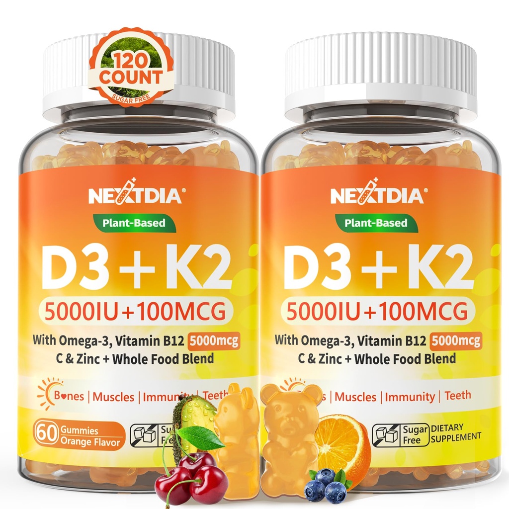 Vitamin D3 K2 Gummies 5000IU / 10,000 IU with Omega-3 250mg + K2(MK-7) 100mcg - 5X Absorption Than Standard D3K2,with Vitamin C, Zinc,and 5 Organic Vegetables,Supports Bone & Teeth Strength, Immune