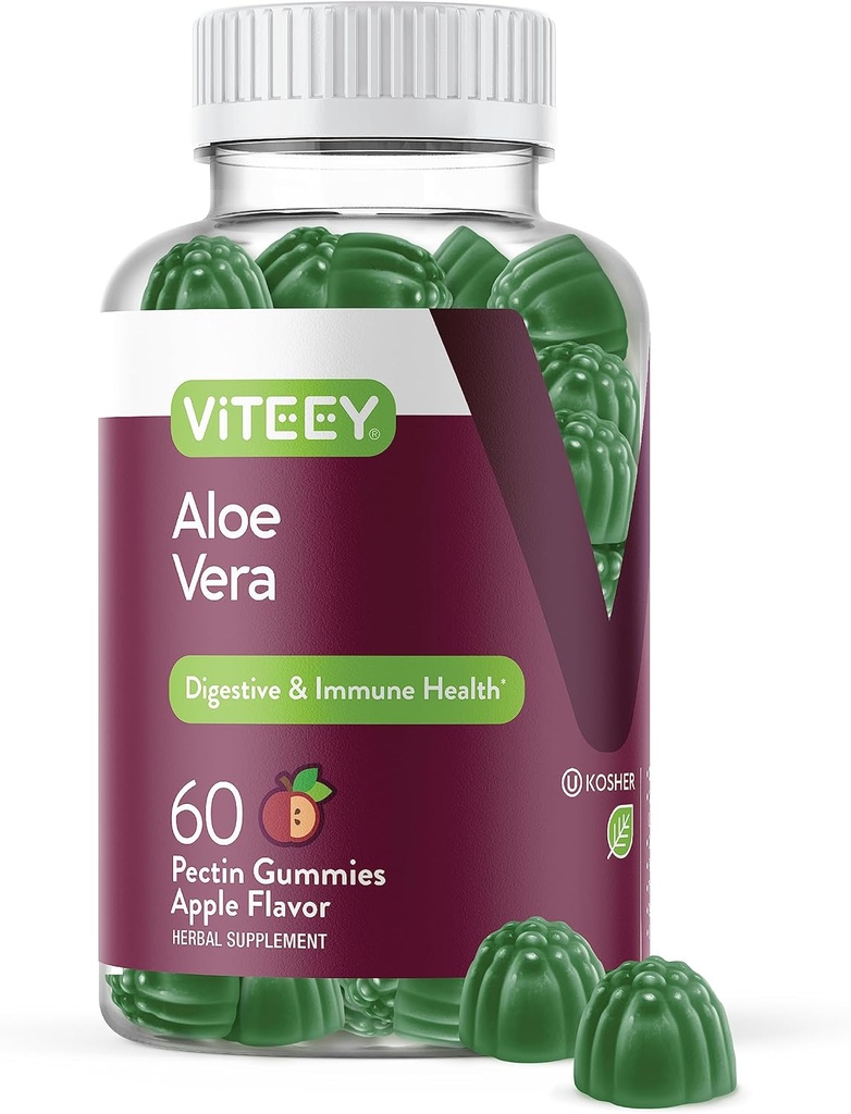Viteey Aloe Vera Gummies for Adults - 50mg - Aids in Digestion and Immune Health - Aloe Vera Supplement - Vegan, Gelatin Free, Gluten Free, GMO Free, Tasty Chewable Raspberry Flavored Gummy