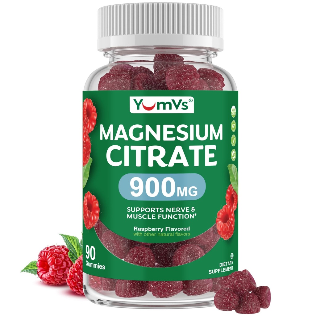 YUM-V'S Magnesium Citrate Gummies – 900mg Highly Absorbable Magnesium Gummies for Women & Men to Support Nerve, Muscle & Enzyme Function – Gluten-Free, Kosher & Raspberry Flavor (90 Count)