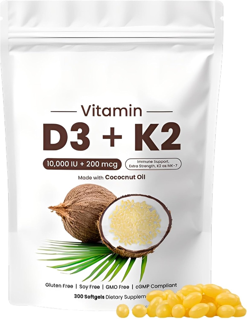 Naturespeak Vitamin D3 K2 10000 IU, 2-in-1 Coconut Oil Softgels with 10000 IU VIT D3 + 200 MCG Vitamin K2 for Bone, Immune & Heart Support | Easy to Swallow, Non-GMO, 300 Softgels
