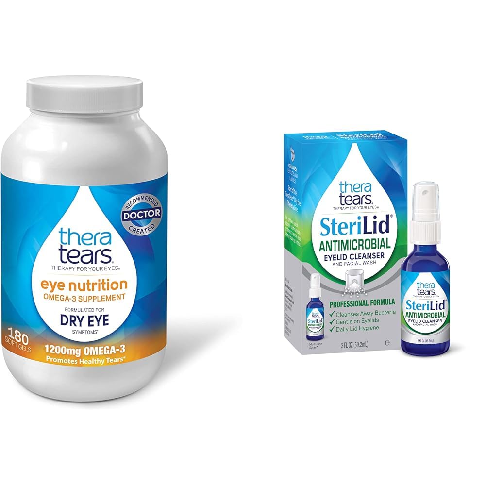 TheraTears 1200mg Omega 3 Supplement for Eye Nutrition, Organic Flaxseed Triglyceride Fish Oil and Vitamin E, 180 Count & SteriLid Eyelid Cleanser and Face Wash, for Irritated Eyes, 2 fl oz Spray