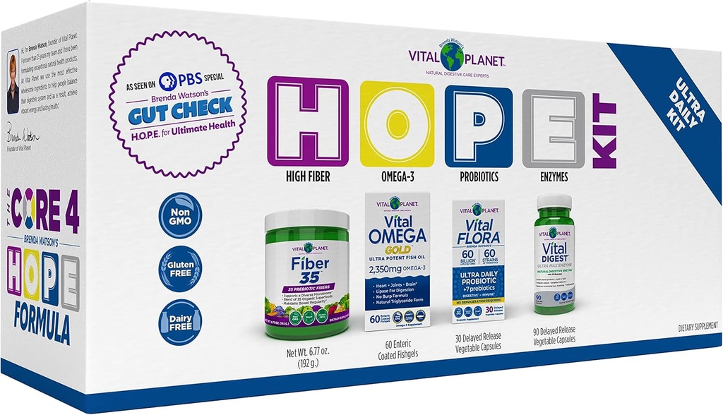 Vital Planet – Gut Check Hope Formula Kit by Brenda Watson - 4 Product Package with Ultra Daily Probiotic 30 Cap, Fiber 35 Powder 6.7oz, Vital Omega Oil 60 Softgels, and Digestive Enzyme 90 Cap