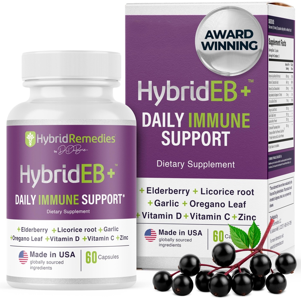 HybridEB Sambucus Elderberry Immune Support with Vitamin C, Zinc, Vitamin D3 - Antioxidant & Immunity Supplement, 1 Month Supply - 9 in 1 Black Elderberry Kids and Adults - 60 Capsules