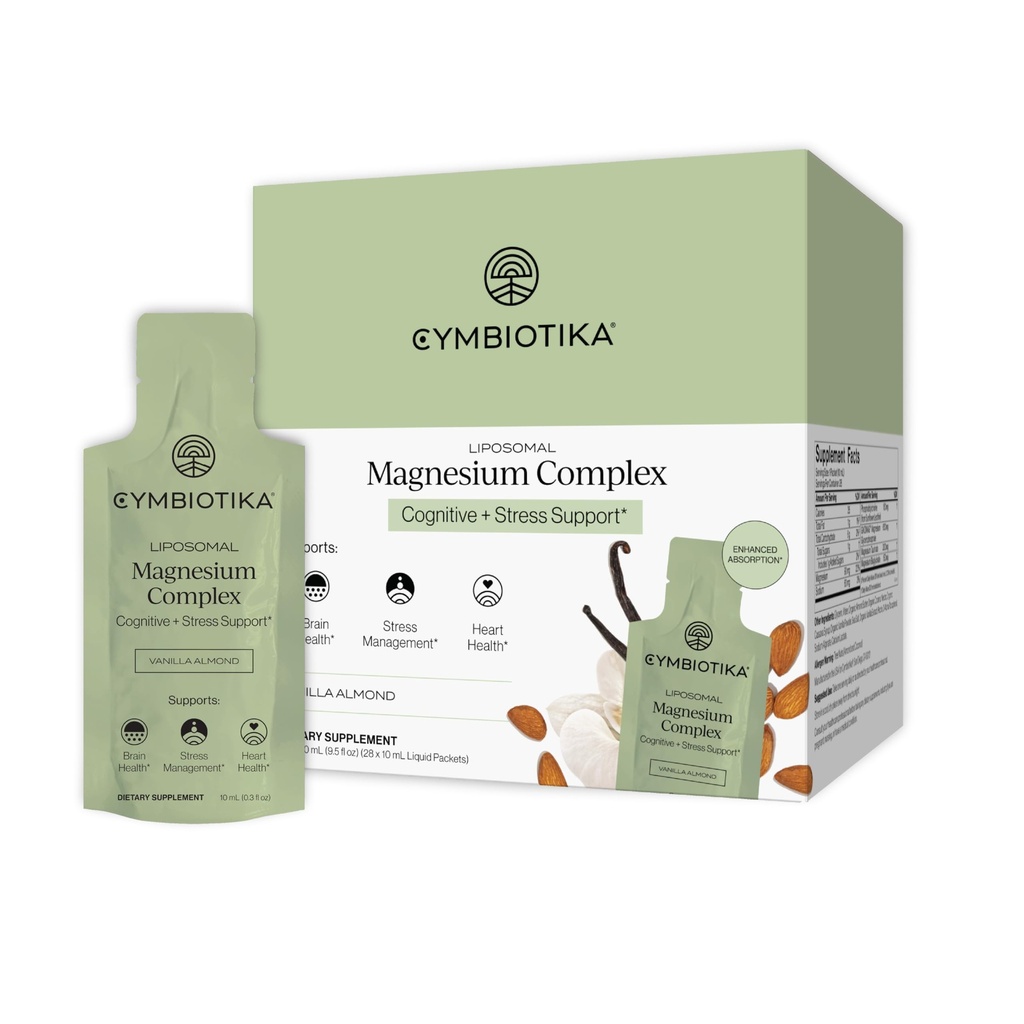 Cymbiotika Liposomal Magnesium Complex – Promotes Relaxation, Restful Sleep, and Heart & Brain Health – Highly Absorbable 3-in-1 Formula – Vanilla Almond, 10 mL Pouches (28 Count)