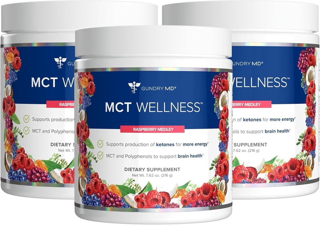 Gundry MD MCT Wellness Powder to Support Energy, Ketone Production and Brain Health, Keto Friendly, Sugar Free (90 Day Supply, Raspberry Medley)
