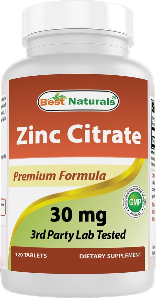 Best Naturals Zinc 30mg Supplements (as Zinc Citrate) - zinc Vitamins for Adults Immune Support - 120 Tablets (120 Count (Pack of 1))