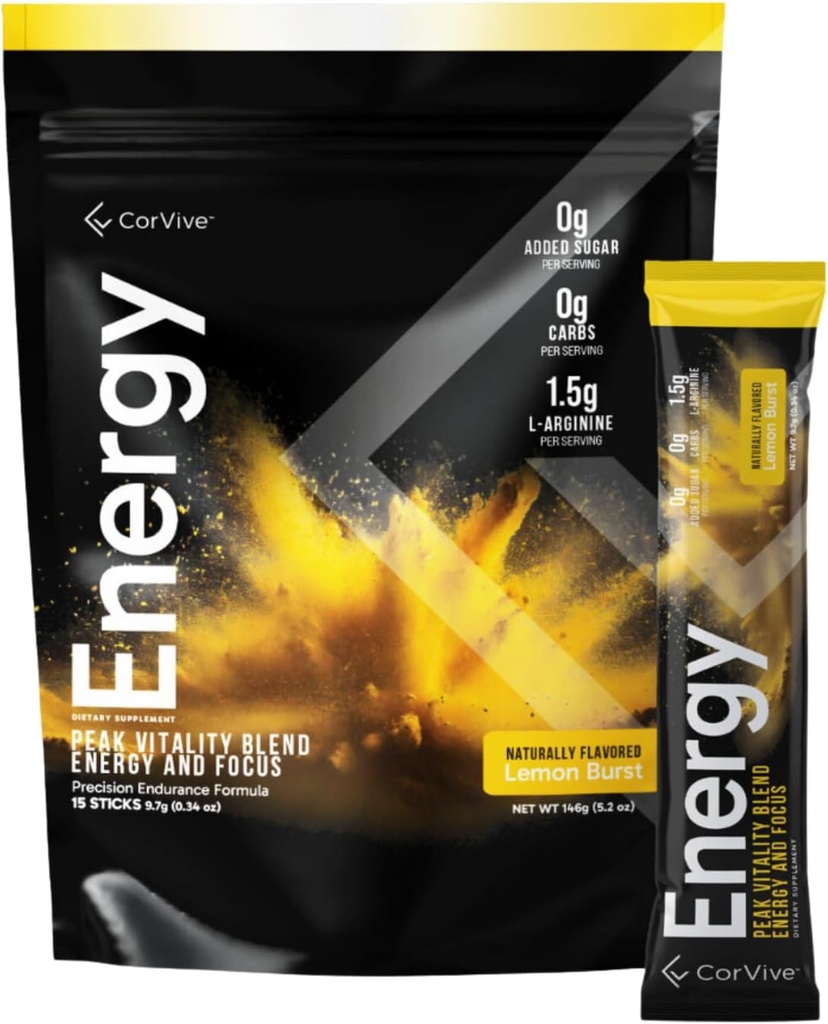 Energy | Natural Energy & Focus Supplement | with Carnosyn®, Ashwagandha, L-Arginine, Theobromine | Zero Sugar, 5 Calories, 120mg Caffeine | 15 Stick Packs for Mental & Physical Boost | Lemon