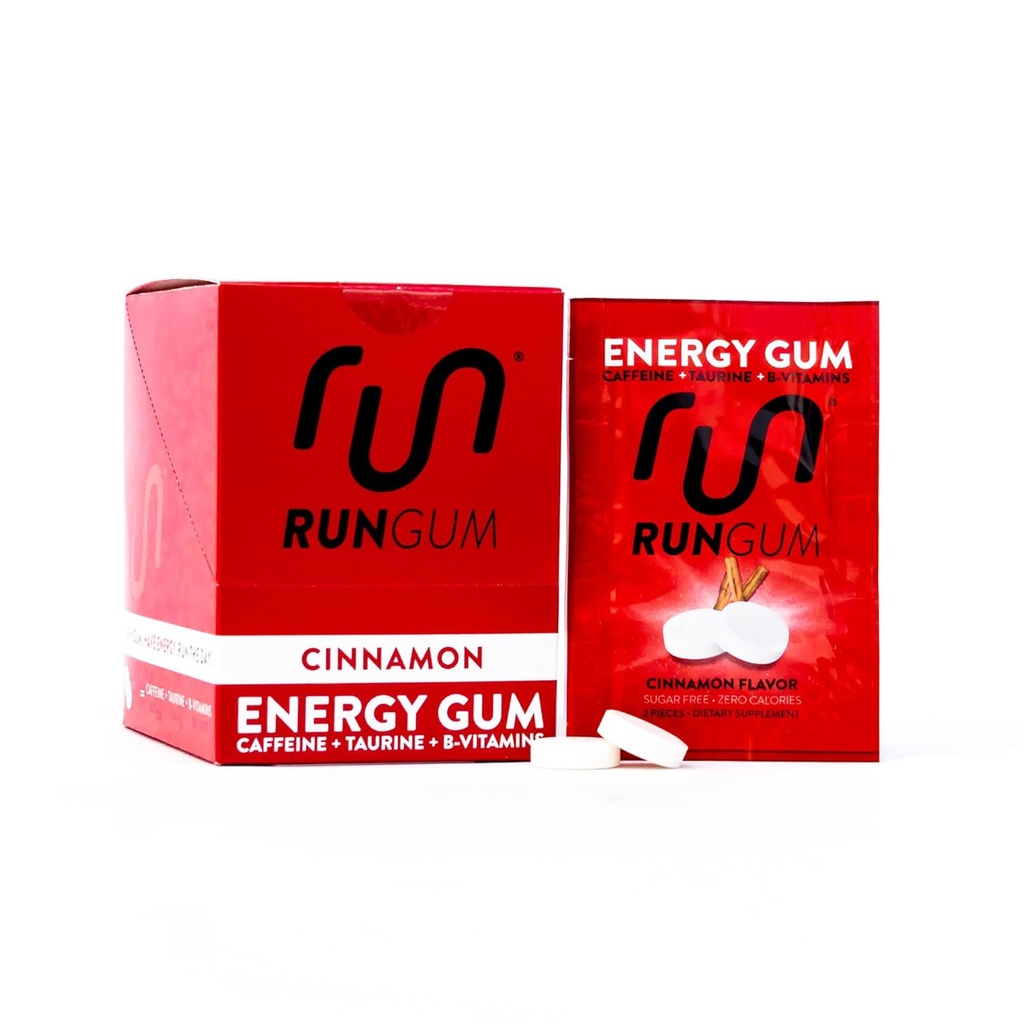 RUN GUM Cinnamon Energy Gum 50mg Caffeine Taurine & B-Vitamins Per Piece, 24 Pieces (Pack of 12), 2 Pieces = 1 Coffee or Energy Drink, Sugar Free, Zero Calorie