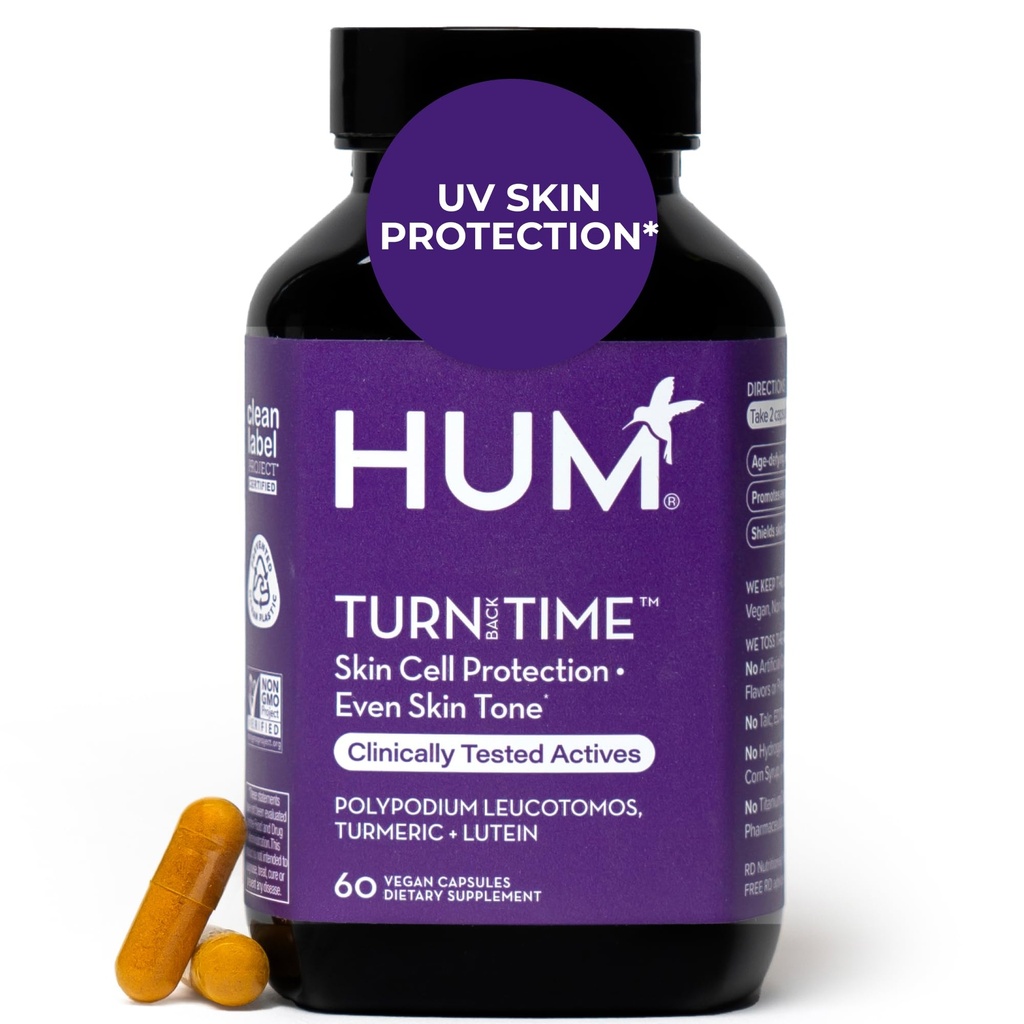 HUM Turn Back Time Turmeric Supplement for Youthful Looking Skin Support with Green Tea Extract, Lutein & Polyphenols, Skin Care Aging & Collagen Support Capsules for Even Tone, 60 Vegan Capsules