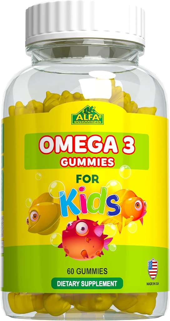 ALFA VITAMINS Omega 3 Kids Gummies, Supports Brain Development, Heart Health & Vision, Easy to Chew, Omega 3 Supplement for Kids, Orange Flavored, No Fishy Taste, 3 Gummies Daily, 60 Gummies