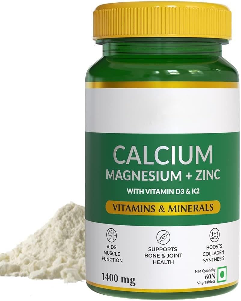 Naturals Calcium Magnesium & Zinc Tablets with Vitamin D3 & K2 (600 IU), Calcium Supplement for Women and Men, for Muscle Health