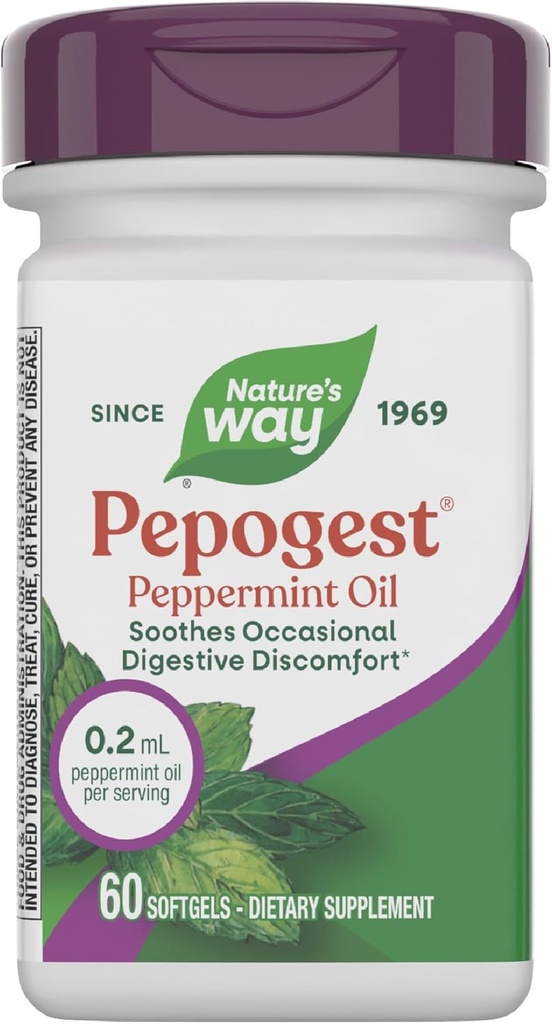 Nature's Way Pepogest Peppermint Oil, Soothes Occasional Gastrointestinal Discomfort*, Enteric Coated Peppermint Oil Softgels, 60 Softgels (Packaging May Vary)