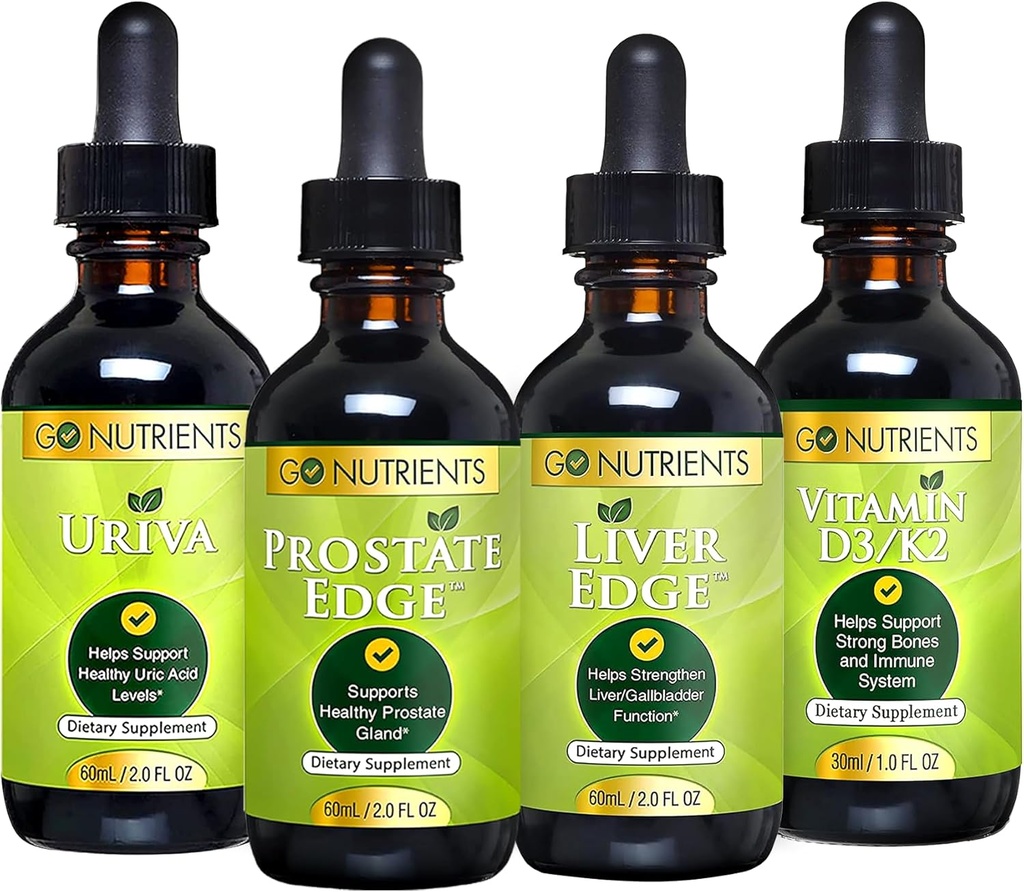 Go Nutrients Men's Health Bundle - Vitamin D3/K2, Liver Edge, Prostate Edge, Uriva – Comprehensive Support for Bone, Liver, Prostate, and Uric Acid Health – Boosts Energy, Vitality, and Body Defense
