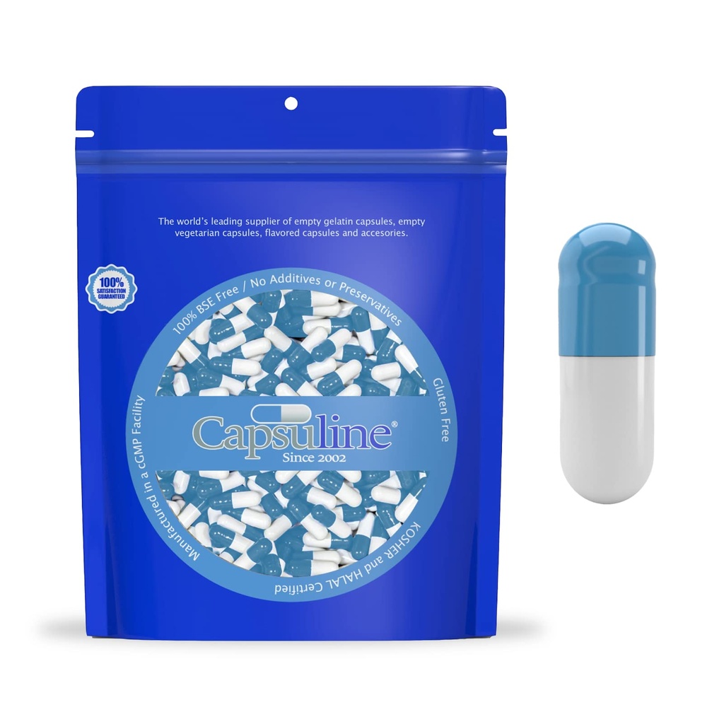 Capsuline Colored Size 000 Empty Gelatin Capsules Blue/White 5000 Count
